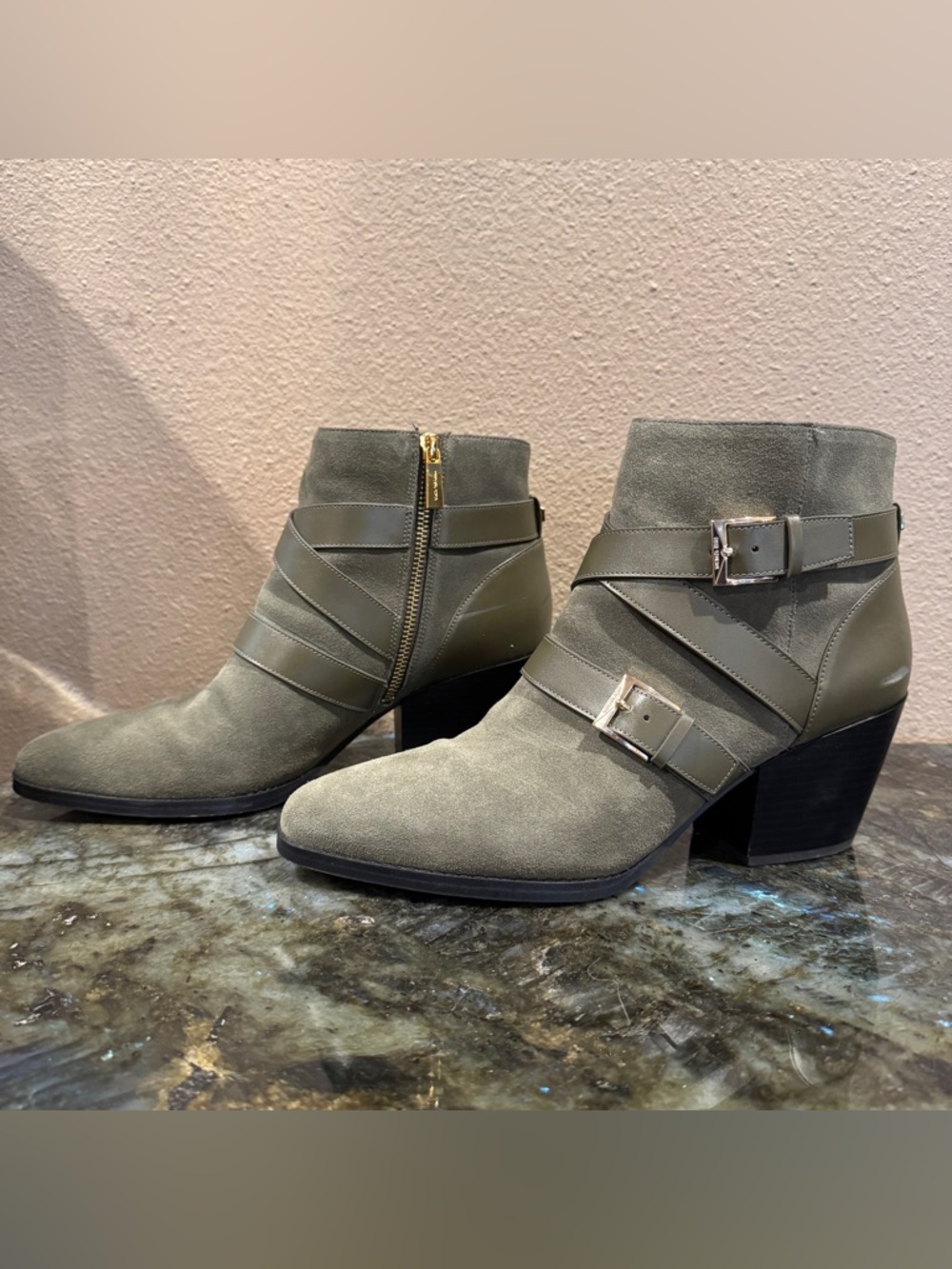 Michael Kors Kara Suede Buckle Ankle Booties Olive Size 10